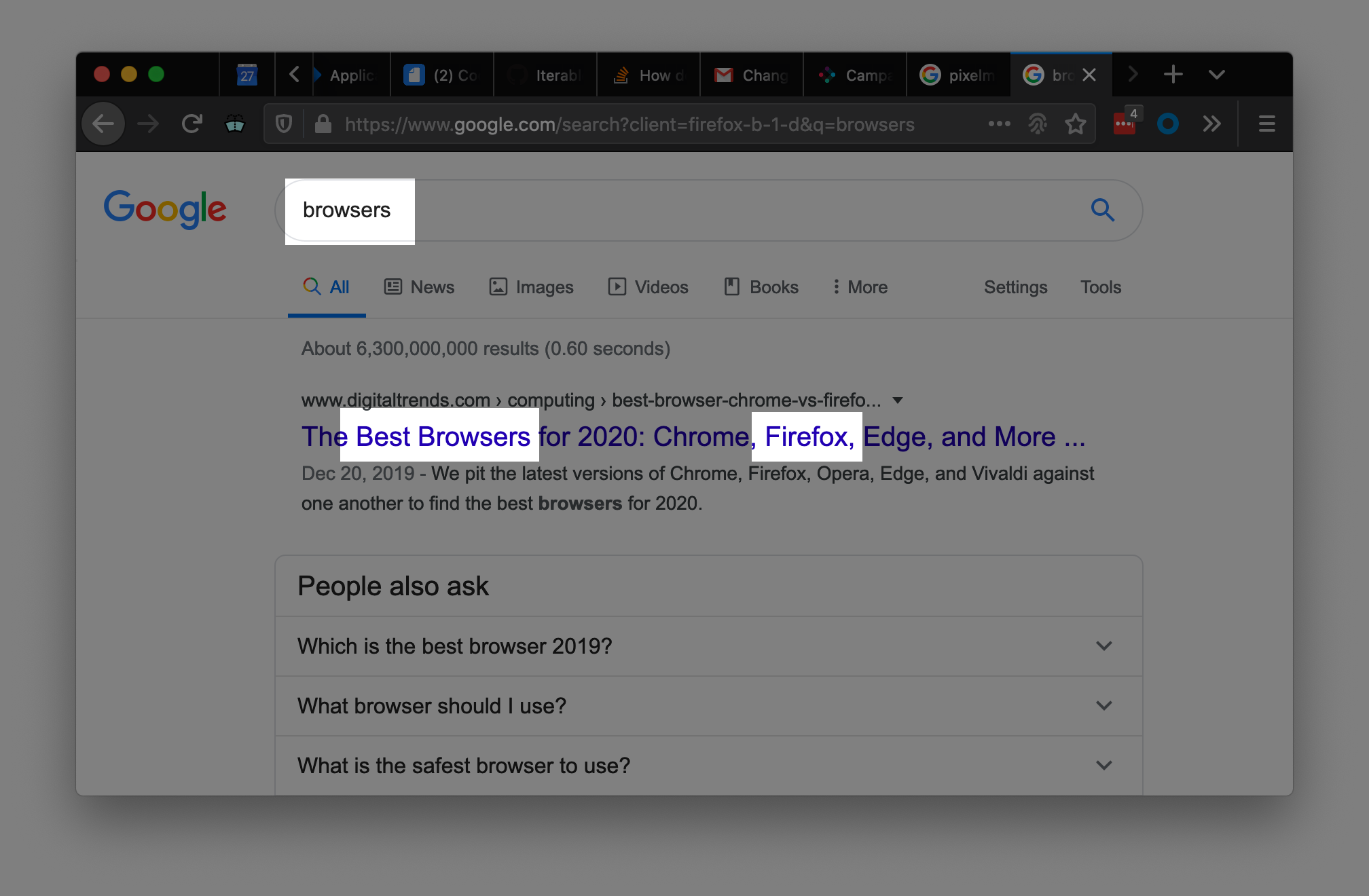 Example annotated screenshot of highlighting Firefox in best browsers google search