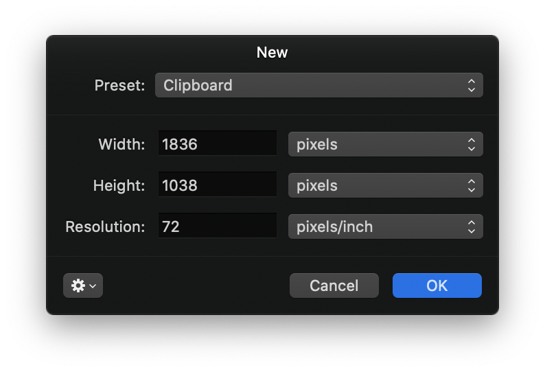 The new file dialog in Pixelmator, showing the dimensions imported from the clipboard image